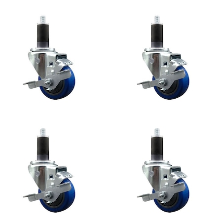 Service Caster 3'' Blue Poly Swivel 1-1/4'' Expanding Stem Caster Set with Brake, 4PK SCC-EX20S314-PPUB-BLUE-TLB-114-4